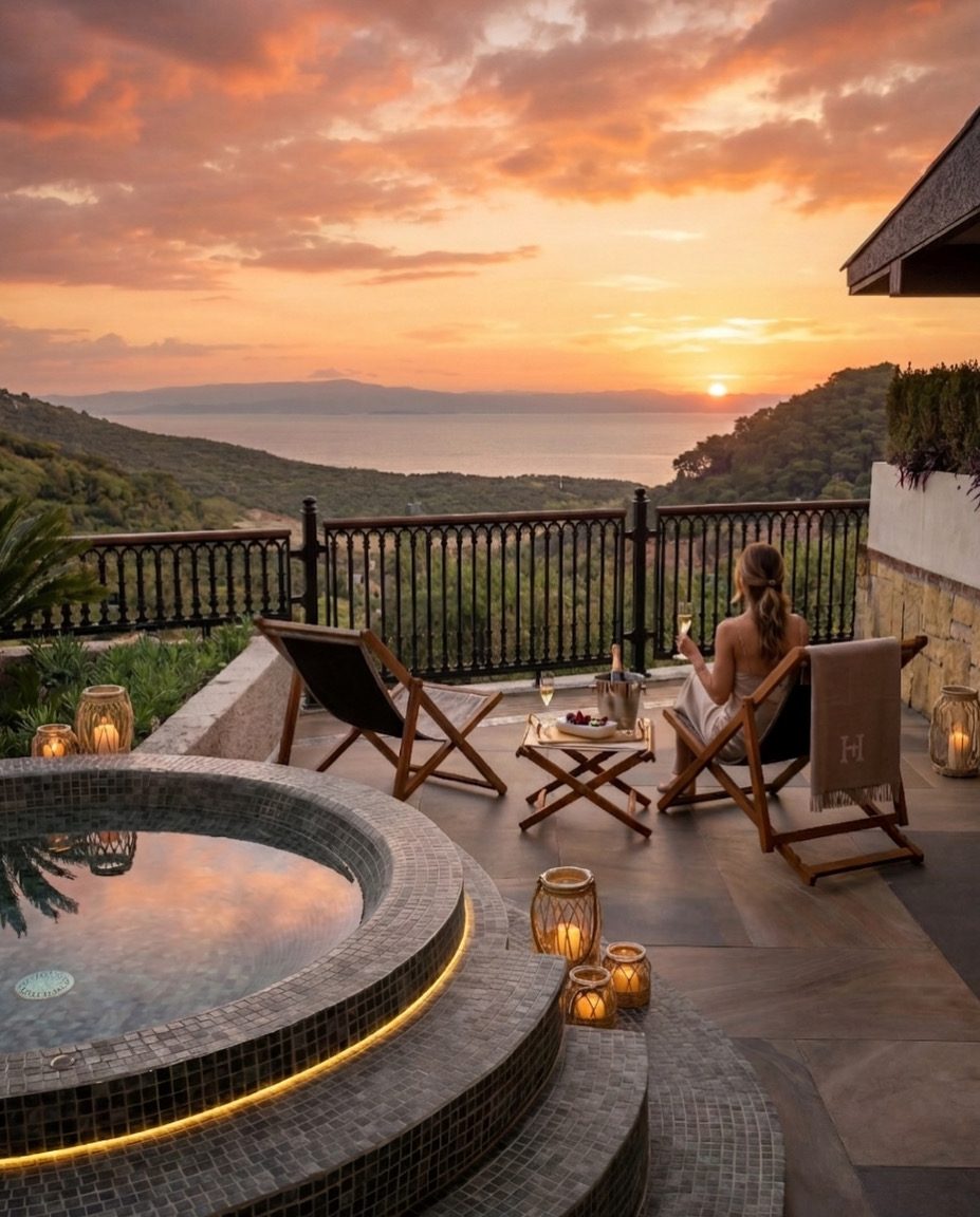 Lov'Inn Luxury Suites — gün batımında özel ısıtmalı relax pool ve deniz manzaralı suite terası