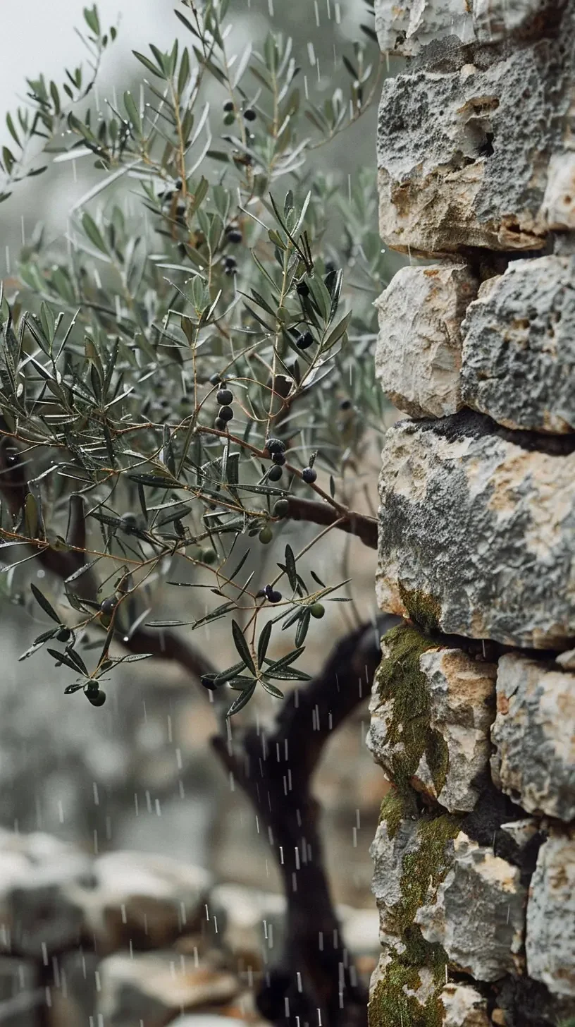 Zeytin dalı ve taş duvar, yağmur sonrası